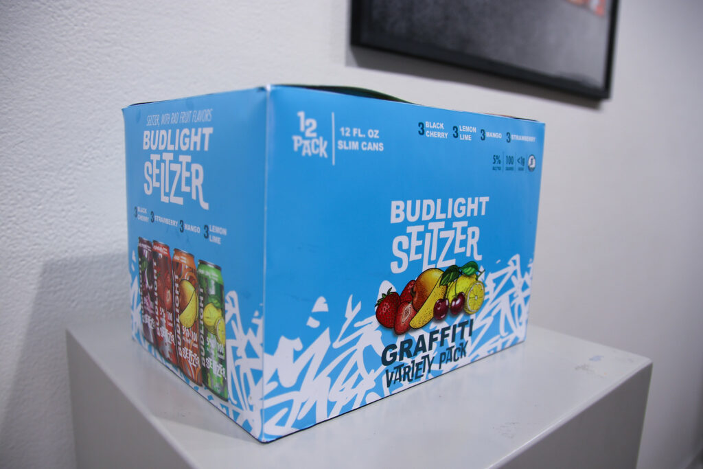 A mockup of a Budlight Seltzer packaging redesign
