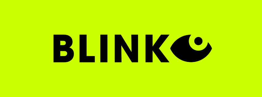 Neon green background with the word BLINK in black capital letters and a graphic of an eye