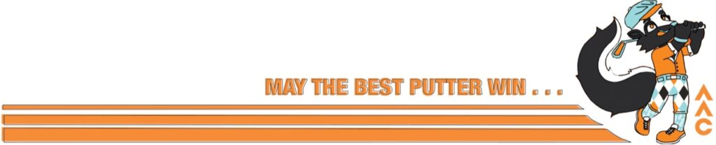 banner advertising Mini Golf Outing that reads "may the best putter win..." with a cartoon skunk golfing