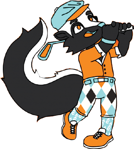 cartoon illustration of a skunk golfing to promote the AAC mini golf outing